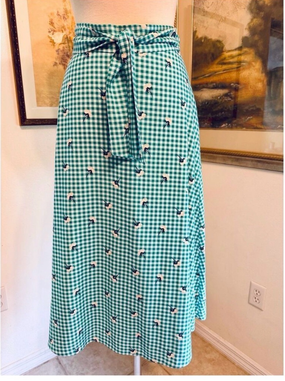Ann Taylor Green Gingham Tie-Waist Midi Skirt